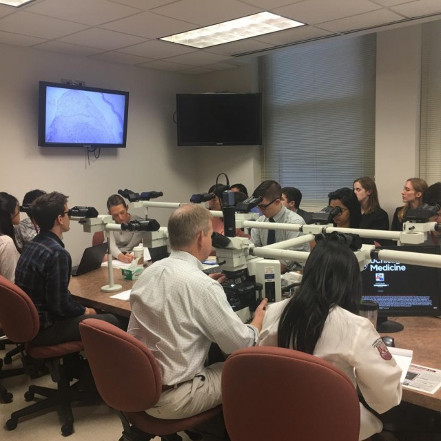 Residents around microscopes